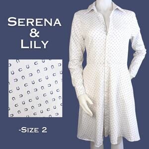 Serena & Lily Fit Flare Shirtdress 2 White Blue Horseshoe Print Cowgirl Western